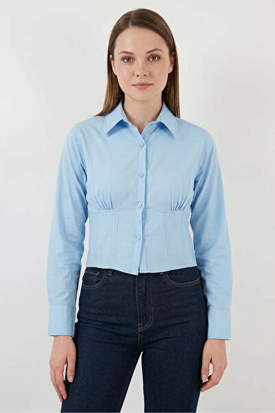 Generic Brand Women's Blue Cotton Shirt with Gathered Waist
