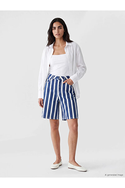 LC Waikiki Navy Blue Bermuda Fit Striped Women's Jean Shorts