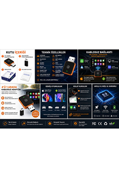 thmz Kablosuz CarPlay Dönüştürücü Hızlı Bağlantı Android Auto Uyumlu