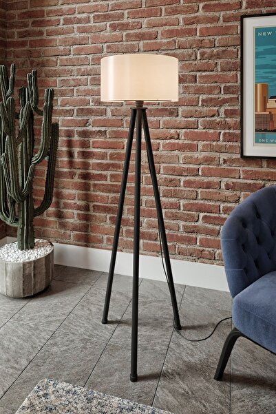 mallbilia Bristol Yuvarlak Krem Başlık Siyah Ayak Tripod Lambader