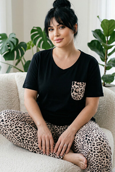 Siyah İnci Patterned Cotton Plus Size Oversized Knitted Pajama Set