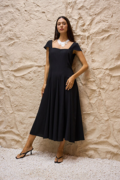 KÜÇÜĞÜM BUTİK Black Square Neck Short Sleeve Flowy Linen Dress