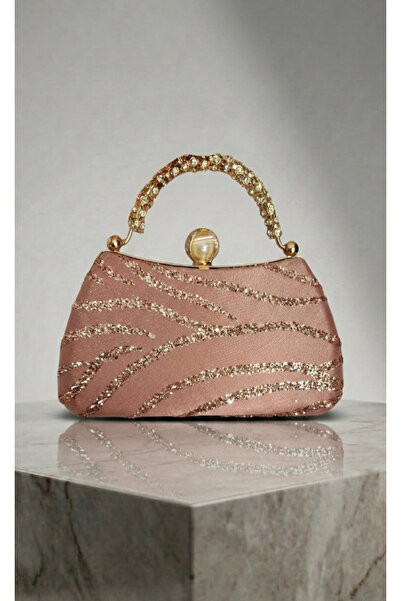 Telli Art Pink Gold Framed Evening Dress Bag with Stone Detail 15X23 cm