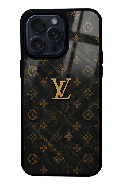 Spoyi iPhone 15 Pro Max Black Mermer Gold LV Tasarımlı Glossy Telefon Kılıfı