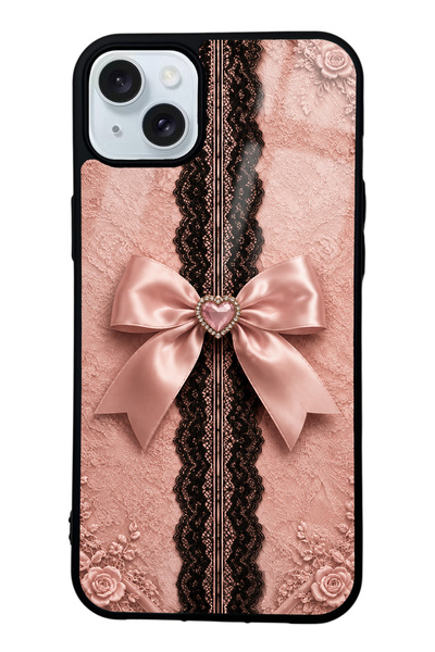 Spoyi iPhone 15 Plus Glossy Phone Case with Pink Lace Bow Design
