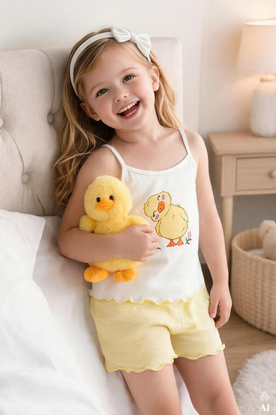 koza iç giyim Kız Çocuk Pamuklu Desenli İp Askılı Pijama Takımı
