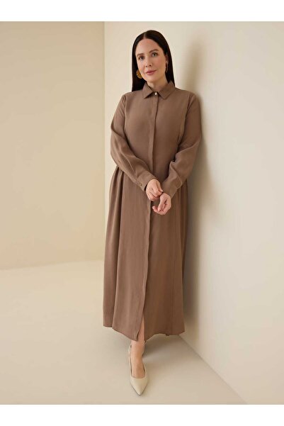 ALİA Plus Size Dress with Hidden Pleats - Brown -