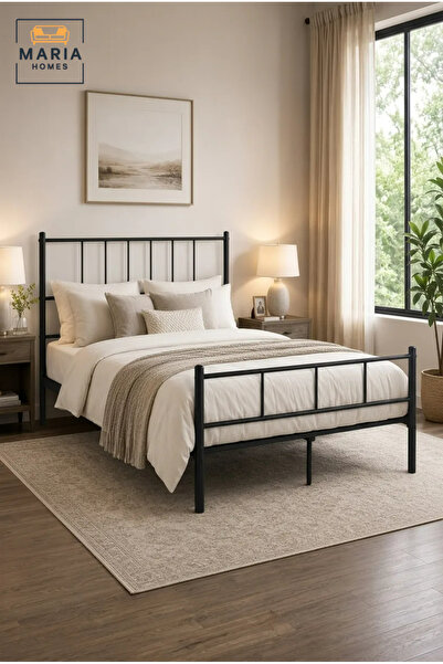 MARIA HOMES Modern Black Metal Bed Frame 140×200 cm – Heavy Duty Platform Bed...