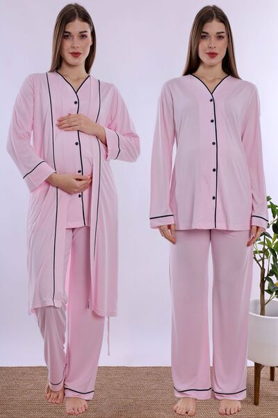 ByLohusa Soft Textured Cotton Maternity Pajama Set with Dressing Gown Effortt...