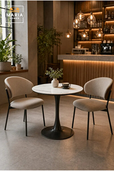 MARIA HOMES Modern Round Dining Table with Marble-Look Top and Black Pedestal...