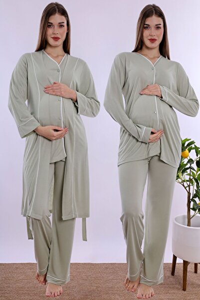 ByLohusa Soft Textured Cotton Maternity Pajama Set with Dressing Gown Effortt...
