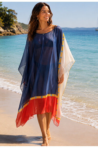 Nobrand Rochie de plajă damă tip kaftan bleumarin-roșu-crem, viscoză și mătase