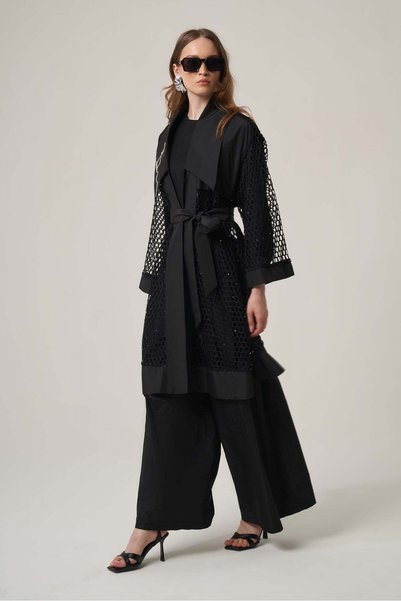FTZ WOMEN Women's Comfortable Fit Mesh Fabric Garnished Double Suit Black 31368