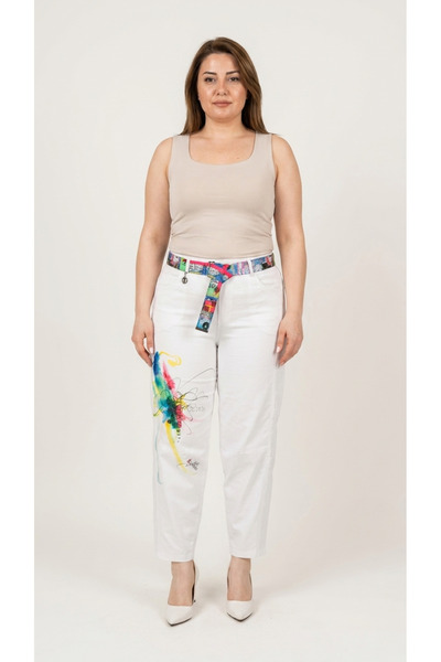 ZANESSI Plus Size Belted High Waist Colorful Printed Mom Women's Trousers
