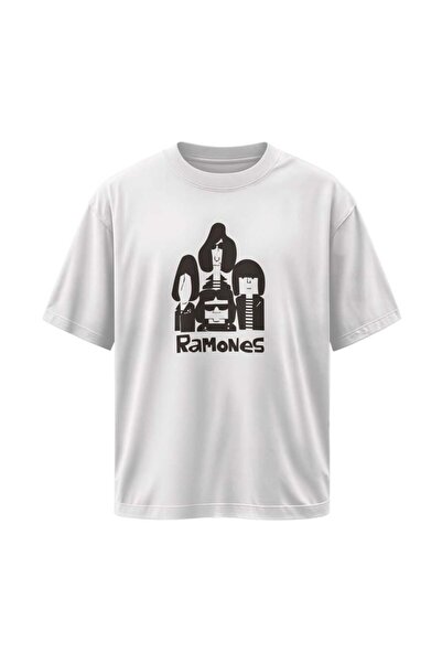 buzagi tasarım ürünleri Ramones Unisex Oversize White T-Shirt