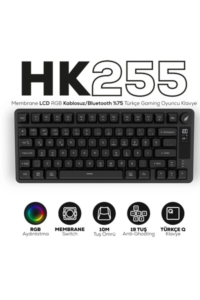 HAWK Gaming HK258B Membrane LCD RGB Kablosuz/Bluetooth Siyah Full Türkçe Gami...