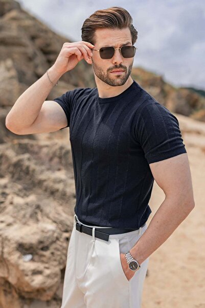 Madmext Anthracite Vertical Striped Crew Neck Knitwear Men's T-Shirt E7505