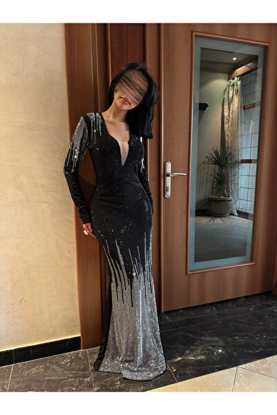 OEMS Evening Dress with Gradient Glitter Sleeves - L