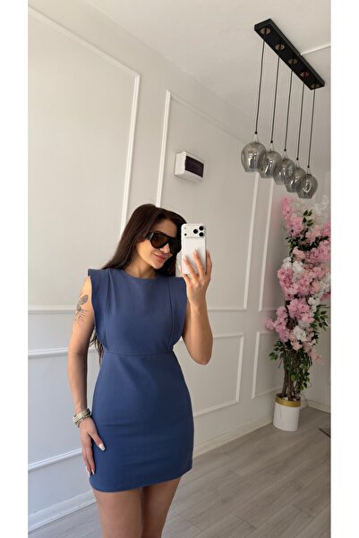 Daves Sırt Fermuarlı Lacivert Gabardin Elbise
