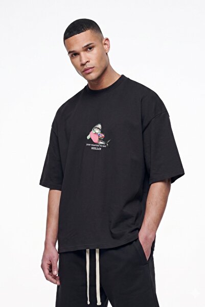 The Champ Clothing Tricou oversize pentru bărbați, negru, cu imprimeu Shark H...