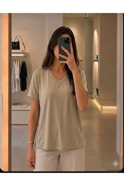 softalya moda تي شيرت نسائي برقبة على شكل حرف V