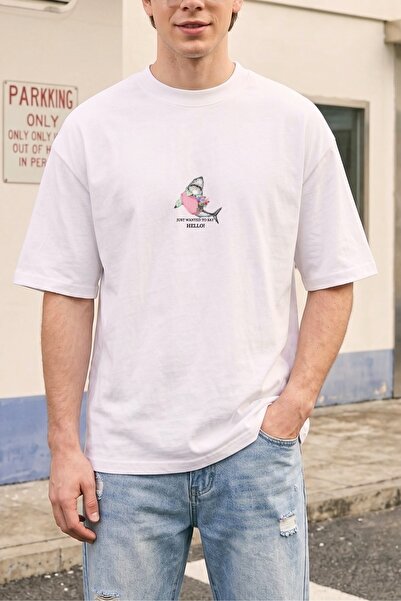 The Champ Clothing Erkek Oversize Tişört Shark Hello Baskılı Beyaz – Bisiklet...