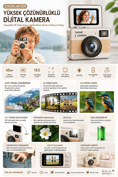 beemen 48MP 4K Mini Dijital Fotoğraf Makinesi | 2.4'' Döner Selfie Ekranı | Otomatik Odaklama | LED Flaş | Şarj Edilebilir | Çocuk ve Başlangıç Seviyesi Kamera Y11