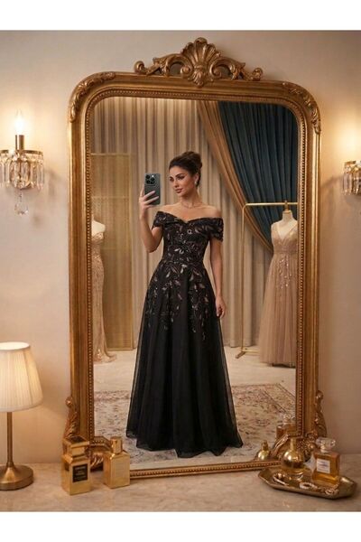 Pyramid masterpieces Black Royal Evening Dress with Luxurious Gold Embroidery