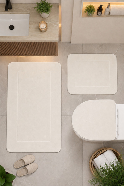 Bonny Home Cream 3-Piece Bathroom Rug Mat Set with Non-Slip Base, Washable To...