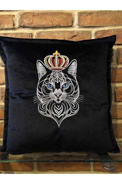 harmony factory Royal Cat Embroidered Black Velvet Cushion Cover with Crowned...