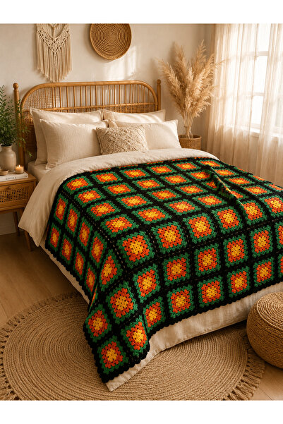 BY AKTEPE STORE El Yapımı Granny Square Motifli Tek Kiişilik Örgü Battaniye –...