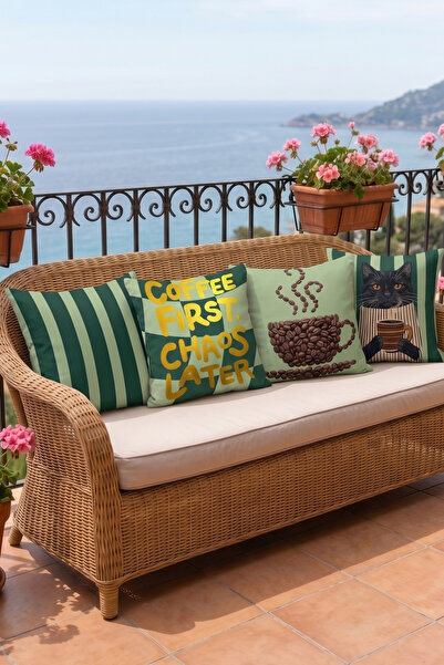 Atay Home 4'lü Set Kahve ve Kedi Temalı Dekoratif Kırlent Kılıfı 43x43 cm Çif...
