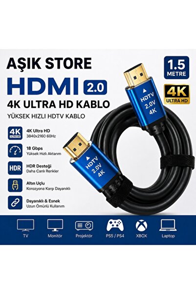 AŞIK STORE HDMI 2.0 Kablo 1.5 Metre 4K Ultra HD 18Gbps Altın Uçlu HDR Destekl...