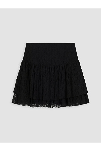 LC Waikiki Black Elastic Waist Layered Lace Mini Skirt
