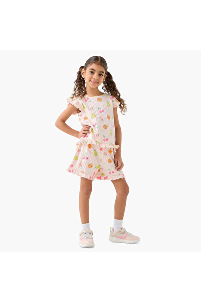 Juniors طقم تي شيرت برقبة دائرية وأكمام قصيرة مكشكشة مع شورت بطبعة فواكه