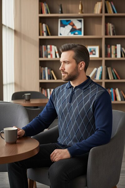 Kamalı Men's Anti-Pilling Regular Cut Polo Collar Zippered Knit Sweater