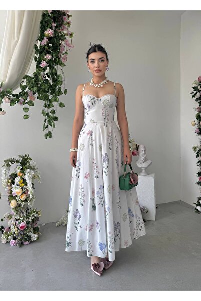 Floral Desenli Prenses Kesim Maxi Elbise-00967