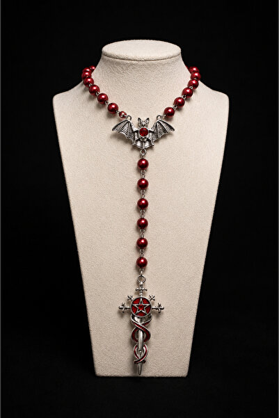 Mournbelle Gotik Yarasa & Kılıç & Pentagram Rosary Cam İnci Kolye (el yapımı)