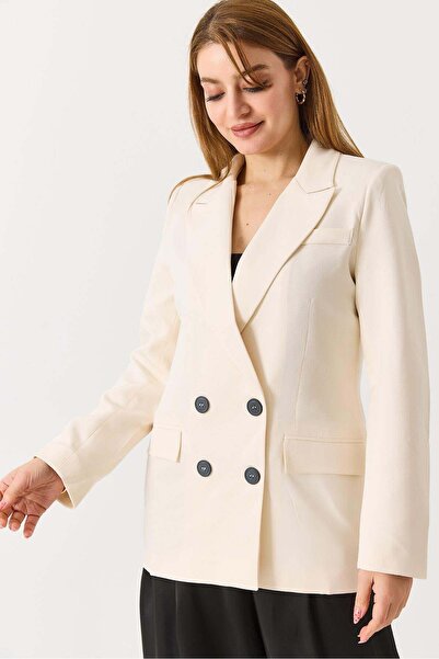 Raneel Kazançlı Alışveriş Women's Double-Breasted Collar Blazer Jacket Cream
