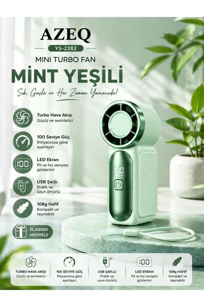 AZEQ YS-2282 Turbo El Fanı 100 Kademeli LED Ekranlı USB Şarjlı Taşınabilir Mi...