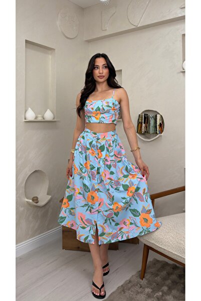 miraylawear GWEN MAVİ RENKLİ ÇİÇEK TASARIMLI CROP KADIN ETEK TAKIM
