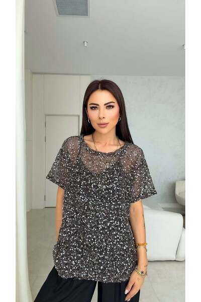 DİDEM GÜLTAKTI Pulin Women's Sequined Brown Blouse