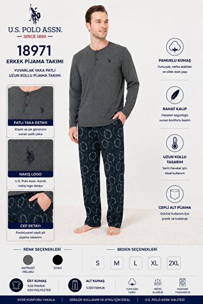 U.S. Polo Assn. Men's Long Sleeve Placketed Collar Cotton Pajama Set with Poc...