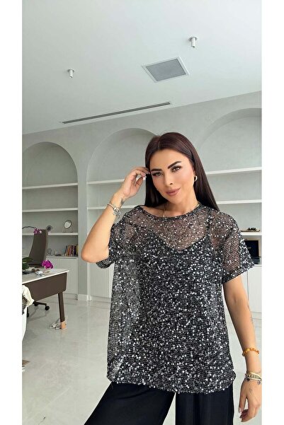DİDEM GÜLTAKTI Pulin Women's Sequined Gray Blouse