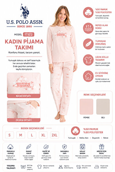 U.S. Polo Assn. Women's Long Sleeve Pajama Set 50% Cotton Round Neck Patterne...