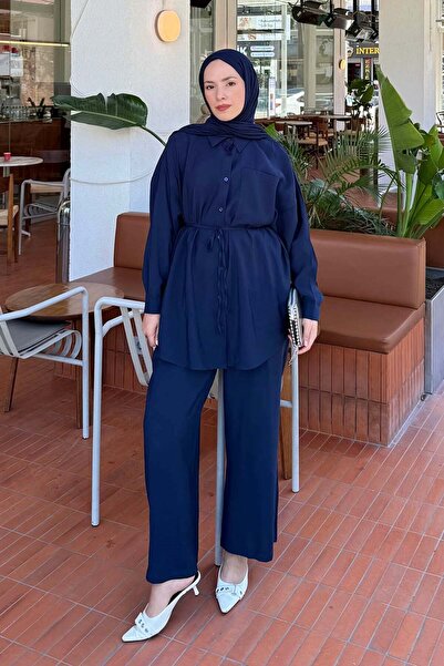 lamelif Pocket Detailed Modal Hijab Suit Navy Blue