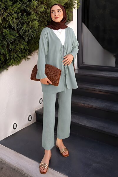 İmajButik Light Mint Front-Tie Kimono Pants Set