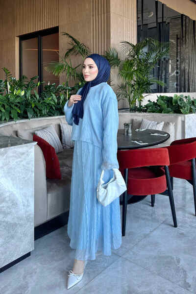 İmajButik Baby Blue Blouse and Skirt Set with Stitching Detail