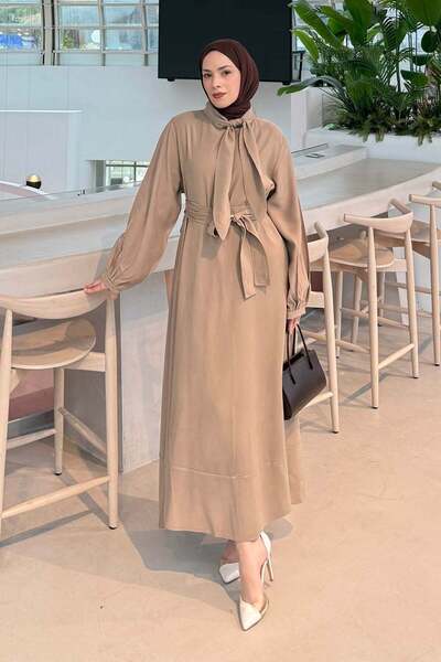 lamelif Scarf Tie Detail Dress in Mink Color