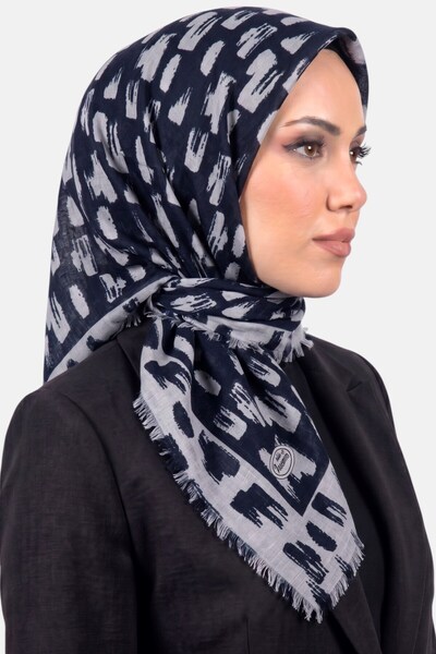 hadiora Women's Navy Blue Light Gray Brush Patterned Flared Twill Scarf
